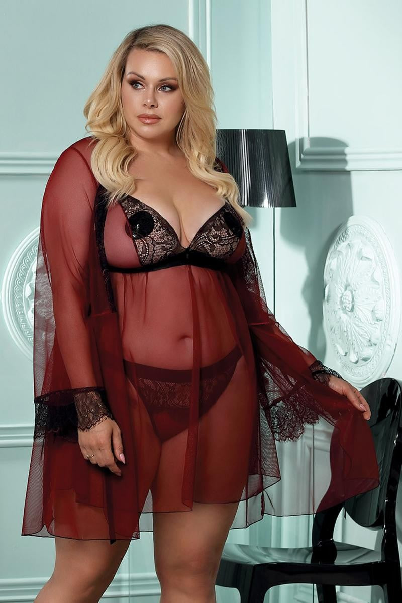 dunkelroter Morgenrock mit Spitze AA052931 von Anais Apparel Plus Size dunkelroter Morgenrock mit Spitze AA052931 von Anais Apparel Plus Size